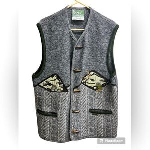 Wesenjak Tirol 100% Wool Vest Hunter Deer Mountain Floral Graphics SZ XL EU 52